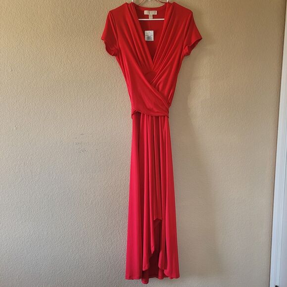 Michael Kors High-Low Faux-Wrap Dress True Red Size Medium Short Sleeve Nwt - Picture 1 of 10